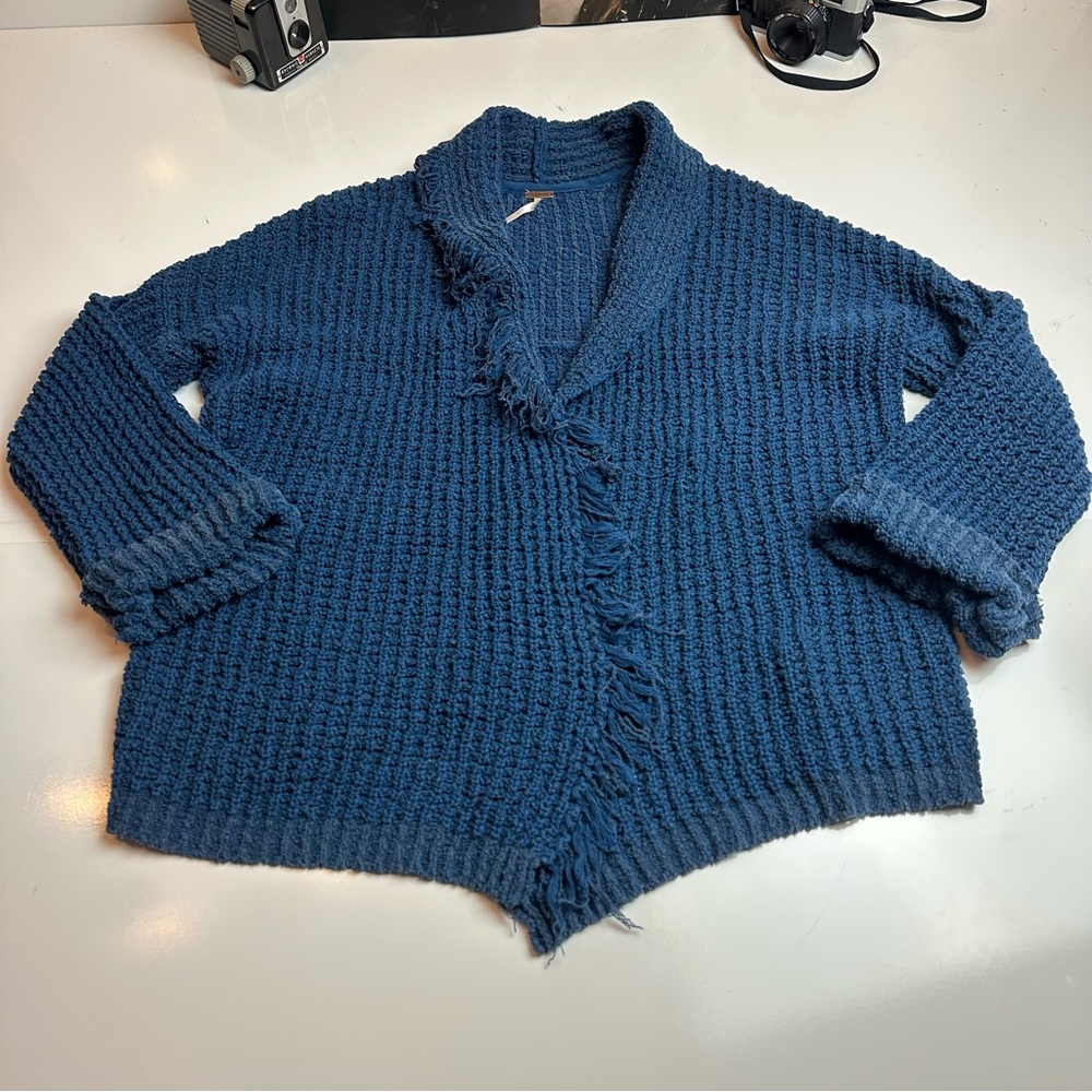 Free People Blue Silk Cotton Chunky Knit Open Cardigan Sweater S
